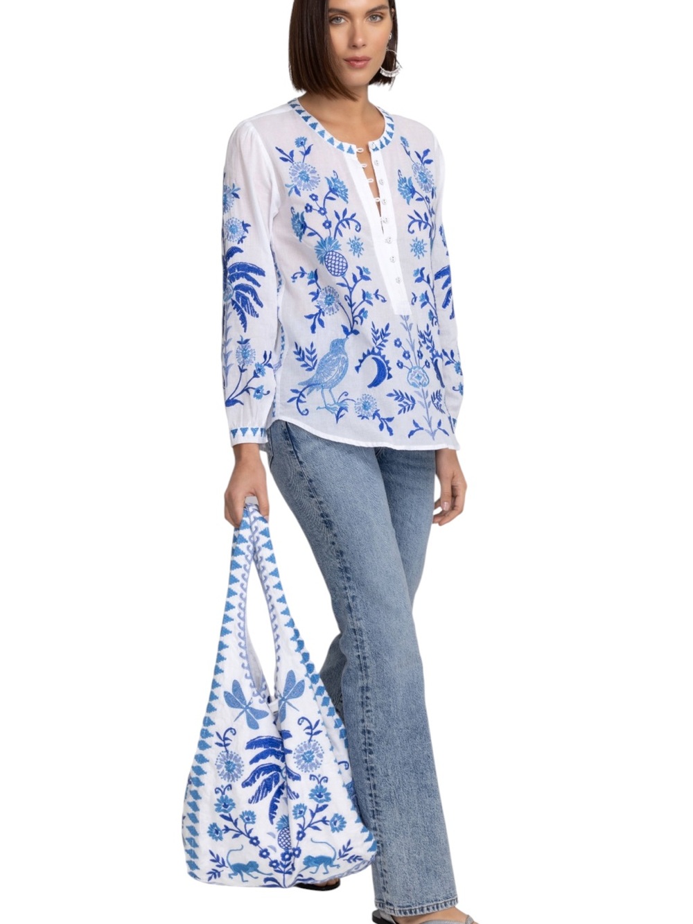 Johnny Was Workshop Blouse Womens S White Embroidered Boho Top